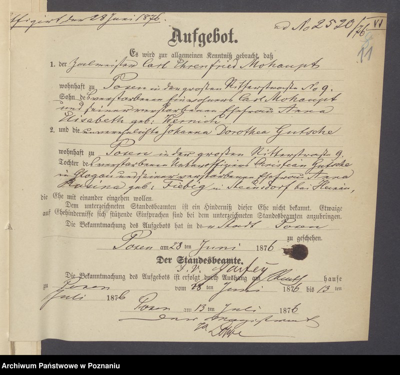 Obraz 13 z jednostki "Die von den Verlobten beigebrachten Urkunden zur Eheschliessung pro 1876"