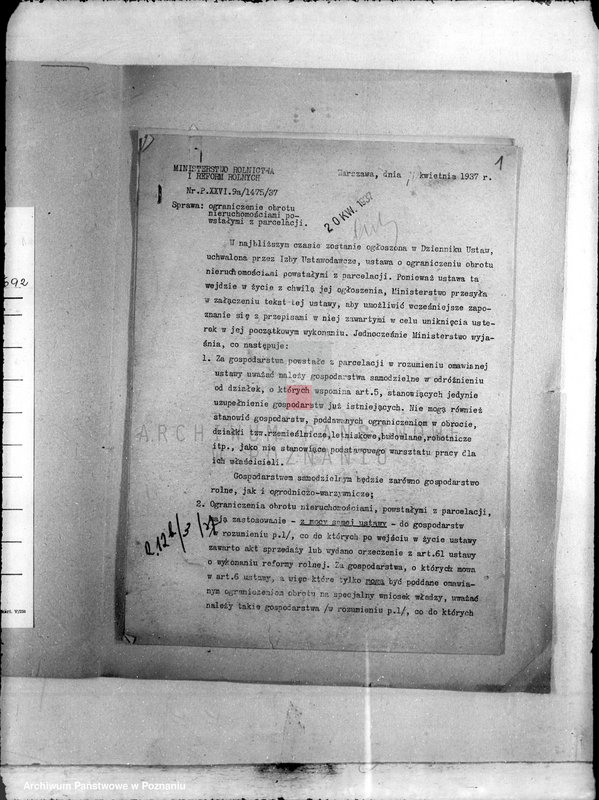 Obraz 11 z jednostki "/Ograniczenie obrotu nieruchomościami powstałymi z parcelacji/ pismo okólne Ministerstwa Rolnictwa i Reform Rolnych."