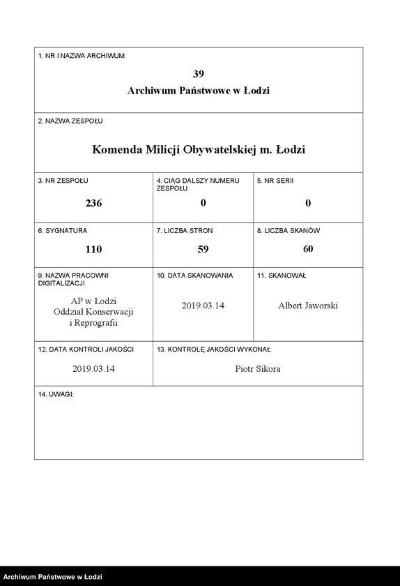 Obraz 1 z jednostki "[Akta XIV Komisariatu Milicji Obywatelskiej - pokwitowania oddanej broni, spisy wolnych lokali, rowerów i motocykli]"
