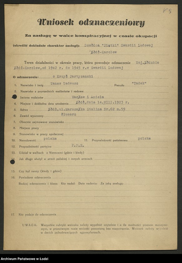 Obraz 10 z jednostki "Związek Uczestników Walki Zbrojnej o Niepodległość i Demokrację; deklaracje [członkowskie], wnioski odznaczeniowe"