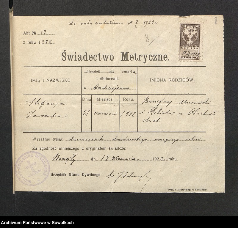 image.from.unit.number "Dokumenta so aktów ślubnych parafji Smolnickiej za 1922 rok"