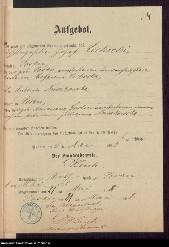 Obraz 6 z jednostki "Die von den Verlobten beigebrachten Urkunden zur Eheschliessung pro 1898"