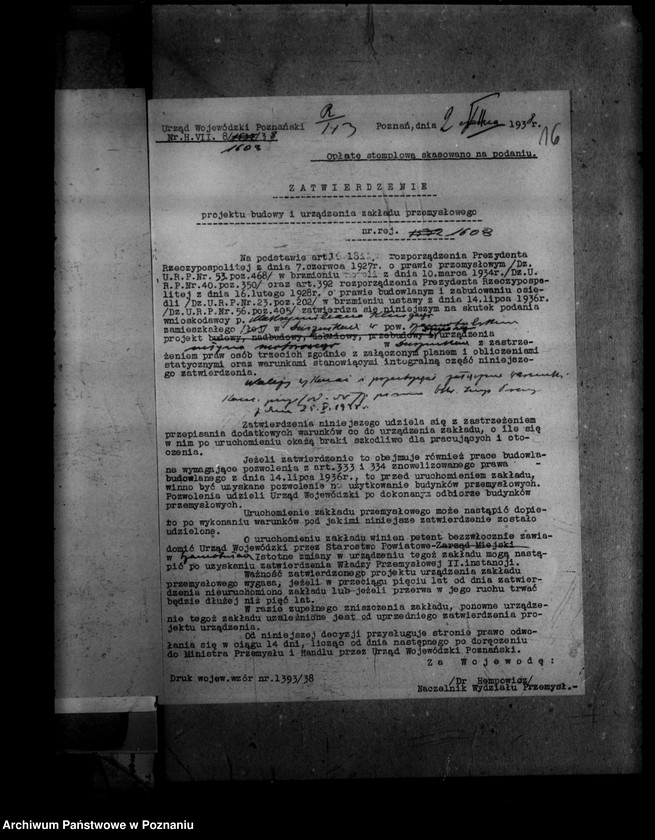 Obraz 20 z jednostki "Zatwierdzenie projektu zmiany zakładu przemysłowego /młyna motorowego/ w Dusznikach powiat szamotulski"