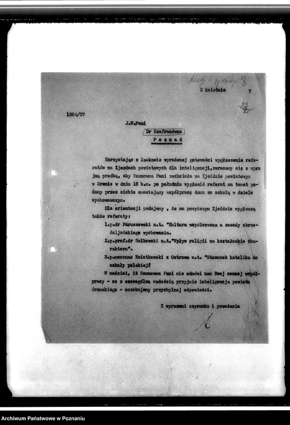 Obraz 12 z jednostki "Korespondencja dotycząca działalności Parafialnych Akcji Katolickich oraz organizacji kursów i zjazdów powiatowych inteligencji"