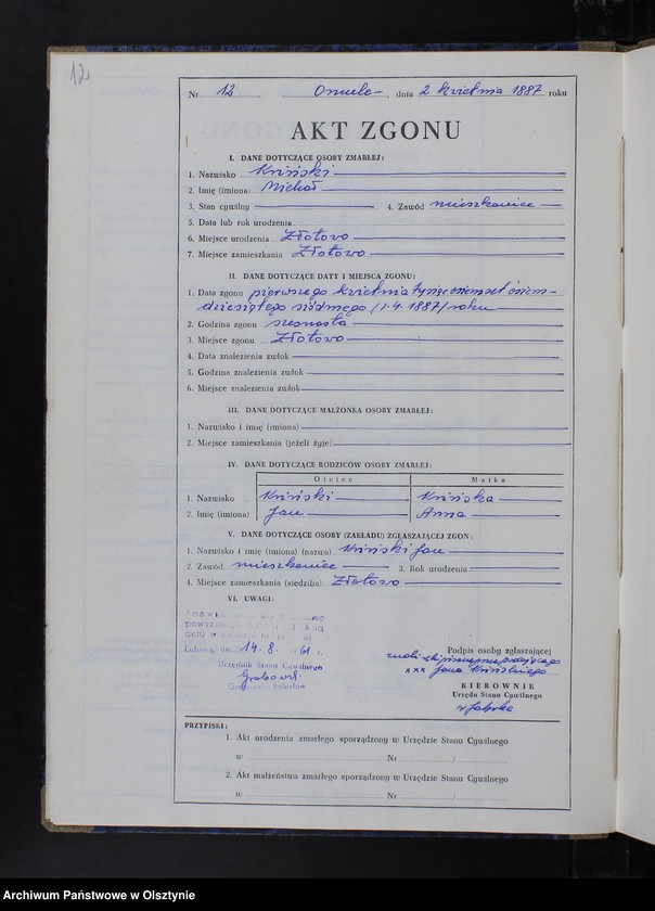 image.from.unit.number "Księga zgonów Nr 1 - 33 i 1 - 55 /przepisana w języku polskim z oryginału niemieckiego w dniach 14.08.-21.08.1961/"
