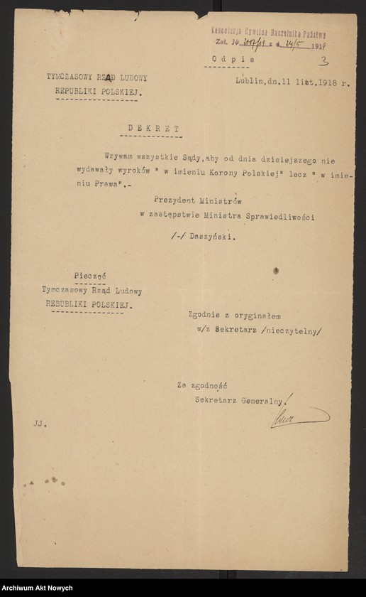 image.from.unit.number "Odpisy postanowień Tymczasowego Rządu Ludowego RP I. Daszyńskiego oraz dekrety przesłane do zatwierdzenia Naczelnikowi Państwa przez Radę Ministrów, pod przewodnictwem J. Moraczewskiego a następnie I. Paderewskiego."