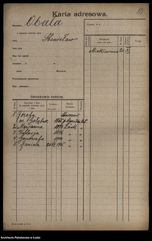 Obraz 12 z jednostki "[Spis ludności Łodzi] Obalska-Ochocki"