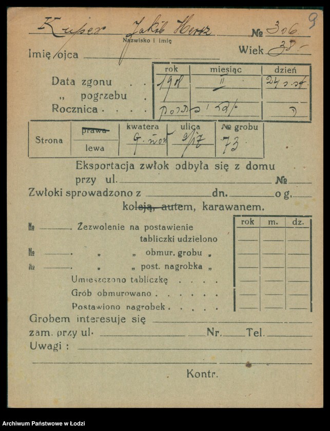 Obraz 10 z jednostki "Kartoteka osób pochowanych na cmentarzu żydowskim przy ulicy Brackiej w latach 1892-1956. Nazwiska na litery: Kup-Kz"