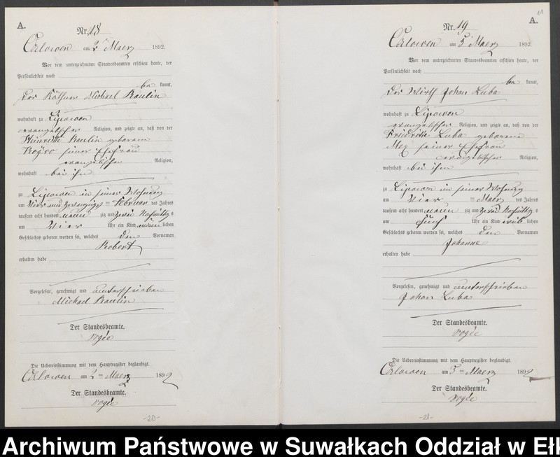 image.from.unit.number "Geburts-Neben-Register des Preussischen Standes-Amtes Orlowen Kreis Loetzen für das Jahr 1892"