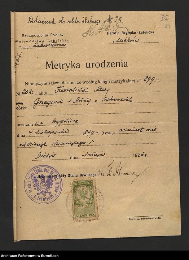 image.from.unit.number "Dokumenty Przedstawione do ślubnych aktów w roku 1926, Filipowskiej Rzymsko-Katolickiej parafji."