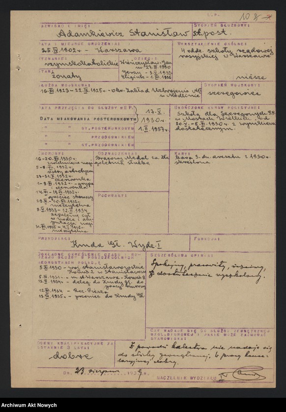 image.from.unit.number "Ewidencja szeregowych Policji Państwowej, zatrudnionych w pracy biurowej w Wydziale I Komendy Głównej Policji Państwowej. Wykazy."