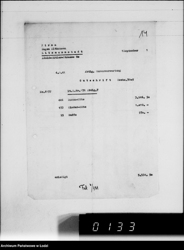 Obraz 18 z jednostki "Ausgehende Rechnungen [za dostawy towarów dla Getta]"