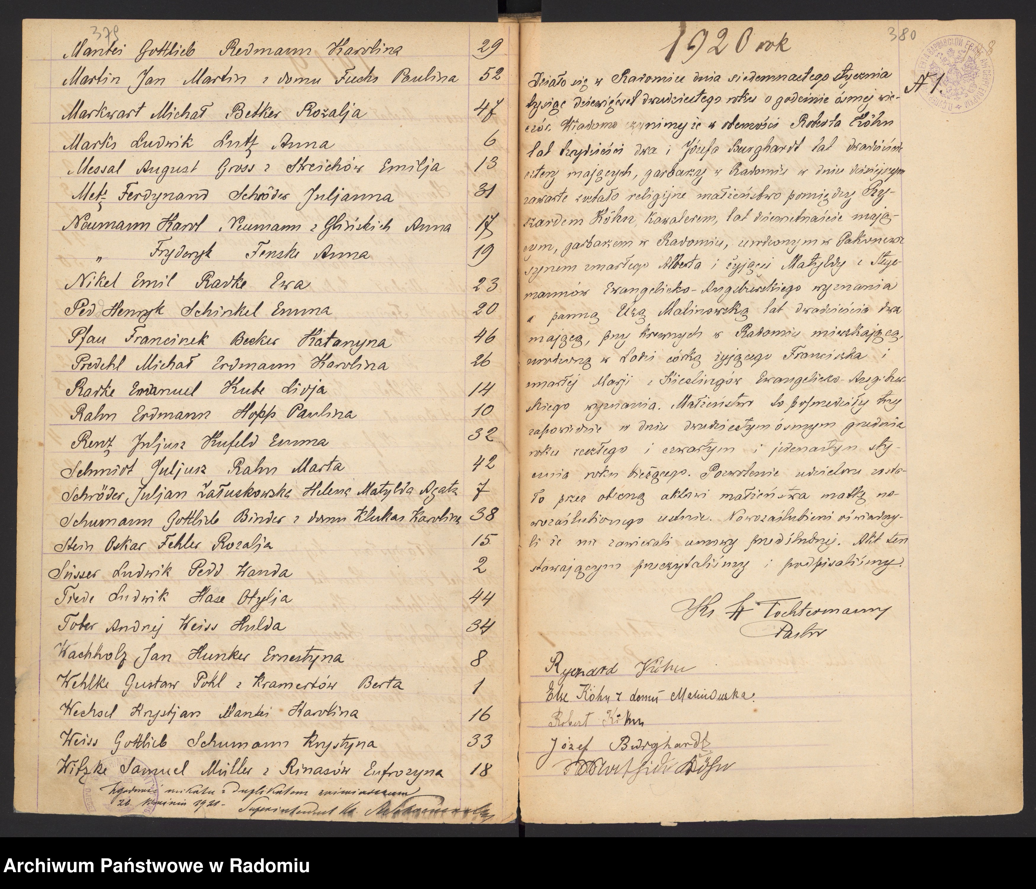Skan z jednostki: [Unikat akt zaślubionych parafii ewangelicko-augsburskiej Radom za lata 1909 (od N 49] - 1921]