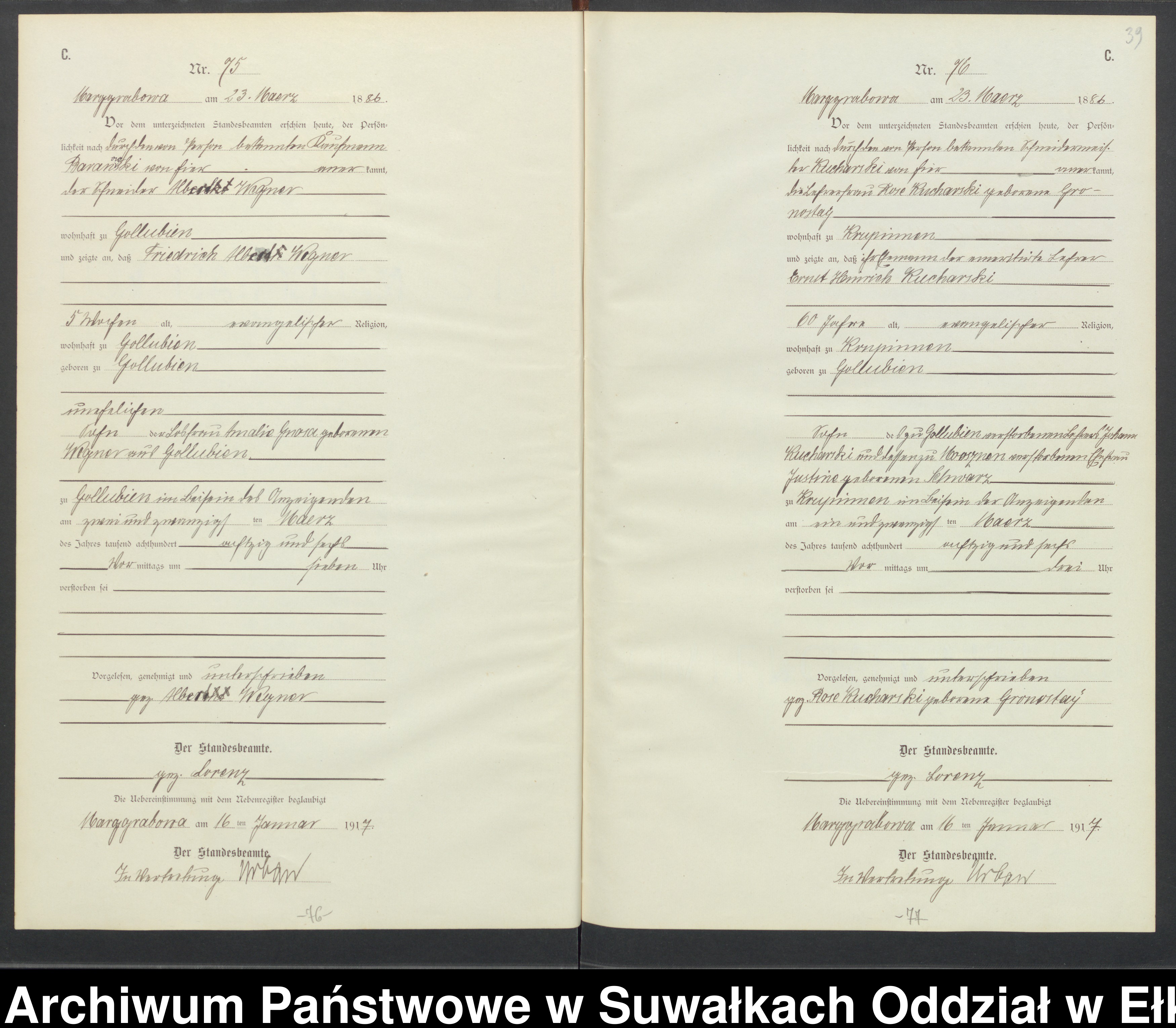 Skan z jednostki: C1.Sterbe-Register [Haupt-Register] Standesamt Marggrabowa Landbezirk vol I No.1 bis 214