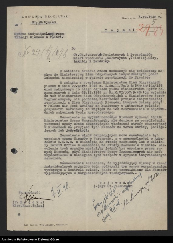 Obraz 7 z jednostki "Sprawy ludności niemieckiej - wysiedlanie Niemców - pisma , okólniki ."
