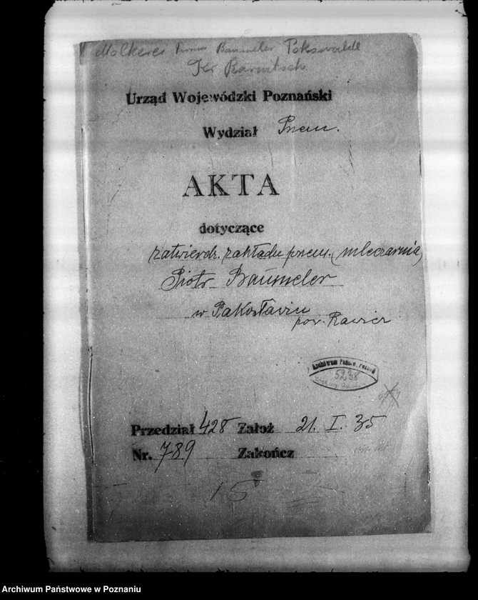 image.from.unit.number "Zatwierdzenie zakładu przemysłowego /mleczarni/ Piotra Baumelera w Pakosławiu powiat rawicki"