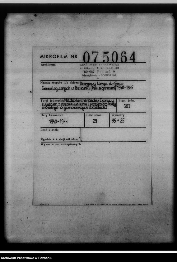 Obraz 2 z jednostki "Militärkirchenbücher [sprawy związane z poszukiwaniem i przejęciem ksiąg kościelnych w garnizonowych kościołach]"