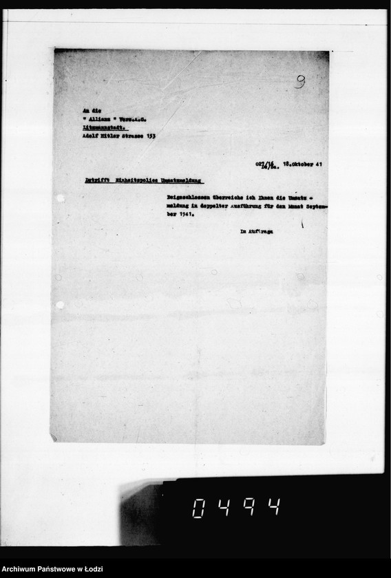 Obraz 13 z jednostki "Versicherungsakten Gesel[l]schaft [Korespondencja i polisy ubezpieczeniowe budynków i magazynów z żywnością, odzieżą, surowcami do produkcji w Getcie Łódzkim]"