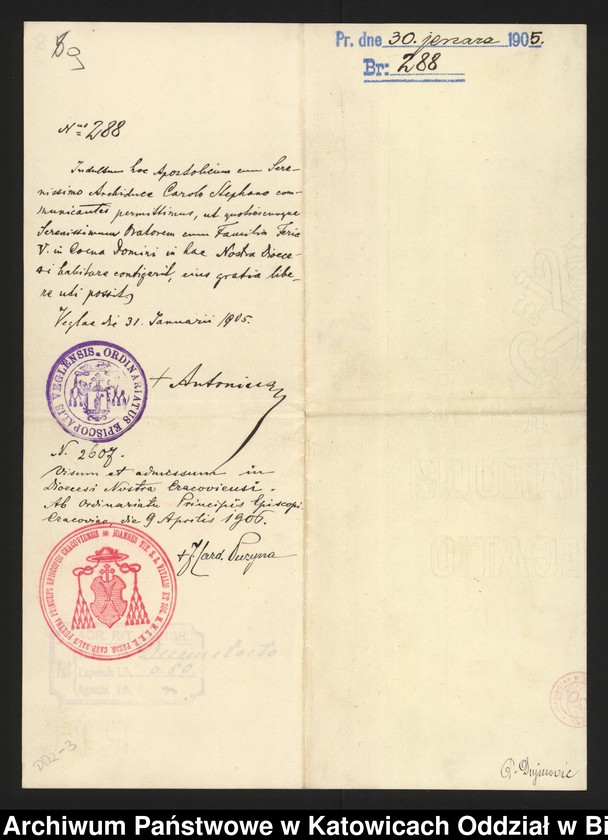 image.from.unit.number "[1. Korespondencja arcyksiężnej Marii Teresy Habsburg z władzami kościelnymi w sprawie uzyskania zezwolenia na odprawianie Mszy Świętej w kaplicy zamkowej 1905-1912, 2. Kopia fragmentu traktatu wiedeńskiego z 3 maja 1815 roku]"