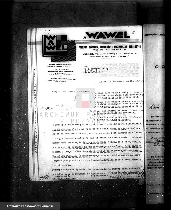 Obraz 14 z jednostki "Zatwierdzenie zakładu przemysłowego /kotłowni przy fabryce dywanów i chodników Firmy Wawel/ St. Kluze w Lubaszu"