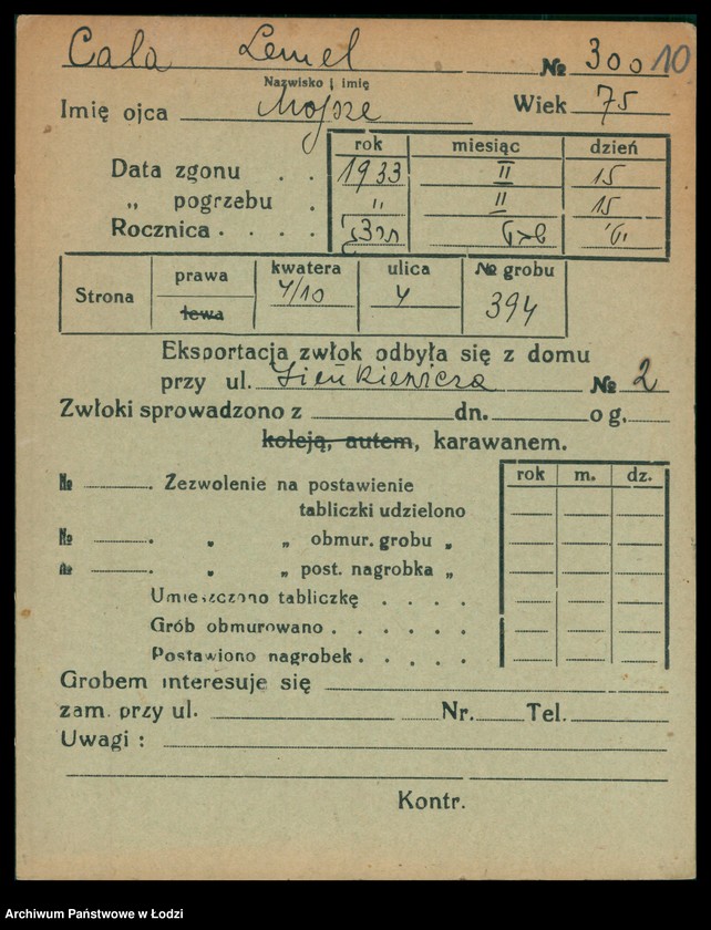 Obraz 11 z jednostki "Kartoteka osób pochowanych na cmentarzu żydowskim przy ulicy Brackiej w latach 1892-1954. Nazwiska na litery: Ca-Choros"