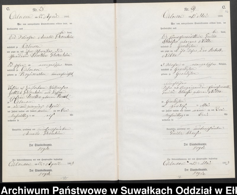 image.from.unit.number "Sterbe-Neben-Register des Preussischen Standes-Amtes Orlowen Kreis Loetzen für das Jahr 1893"