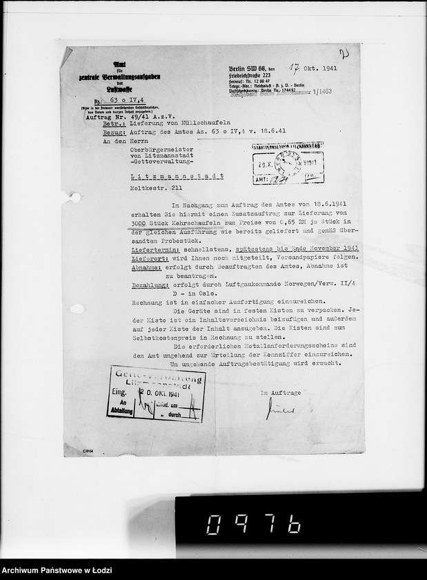 Obraz 6 z jednostki "Amt für zentrale Vewaltungsaufgaben der Luftwaffe Kriegsauftrag 49/41 A.z.V.3000 Kehrschaufeln"