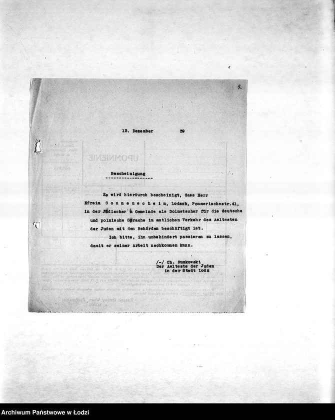 Obraz 5 z jednostki "Sprawy zaświadczeń [m.in. o zatrudnieniu mieszkańców getta, wysokości poborów, miejscu zamieszkania, sytuacji materialnej, wsparciach pieniężnych]"