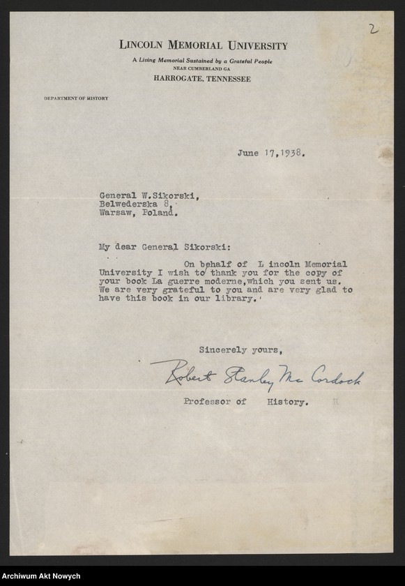 image.from.unit.number "Lincoln Memorial University-Harrogate, Tennesse, USA. Podziękowanie za książkę. Prośba o autograf."