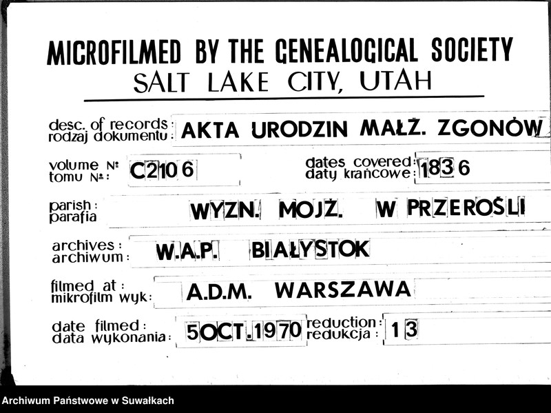 image.from.unit.number "Duplikatu Ksiąg do zapisywania akt Urodzenia Zeyścia i Zaślubin na rok 1836. Okręgu Przerośl."