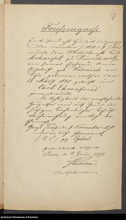 Obraz 10 z jednostki "Die von den Verlobten beigebrachten Urkunden zur Eheschliessung pro 1876"