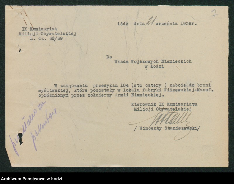 Obraz 9 z jednostki "[Akta IX Komisariatu Milicji Obywatelskiej - pokwitowania, spisy oddanej broni, spisy wolnych lokali, rowerów i motocykli]"