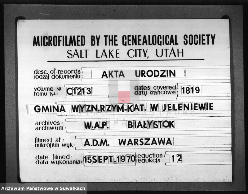 Obraz 1 z jednostki "Akta Urzędnika Stanu Cywilnego Urodzonych w Gminie Jeleniewskiey, od Dnia 1-go Miesiąca Stycznia 1819 do ostatniego Grudnia tegoż Roku."