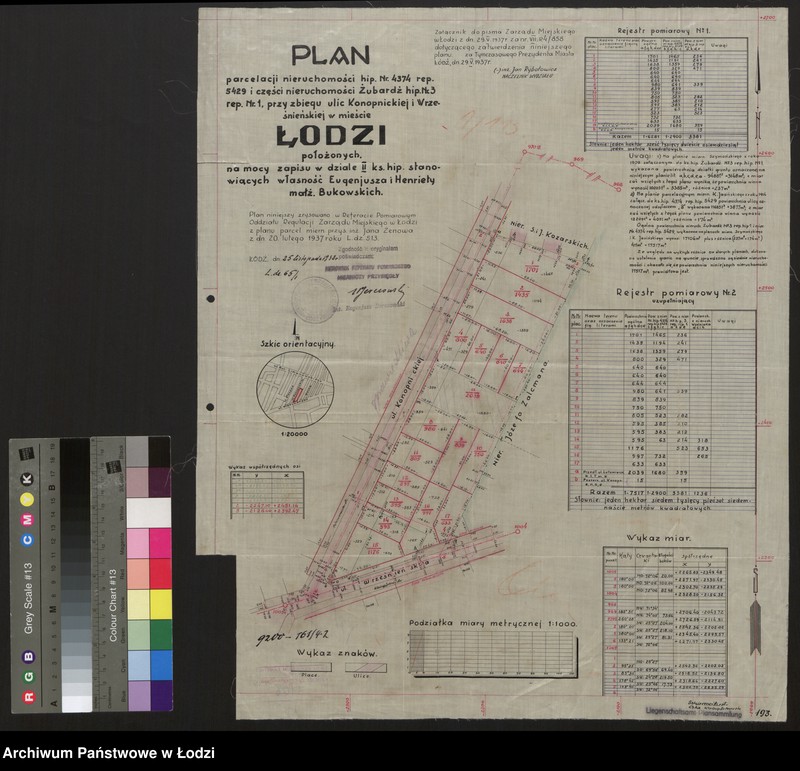 Obraz 1 z jednostki "Plan parcelacji nieruchomości numer hipoteczny 4374 repertorium 5429 i części nieruchomości Żubardź numer hipoteczny 3 repertorium numer 1 przy zbiegu ulic konopnickiej i Wrześnieńskiej w mieście Łodzi położonych na mocy zapisu w dziale drugim księgi hipotecznej stanowiących własność Eugeniusza I Henriety małżonków Bukowskich"
