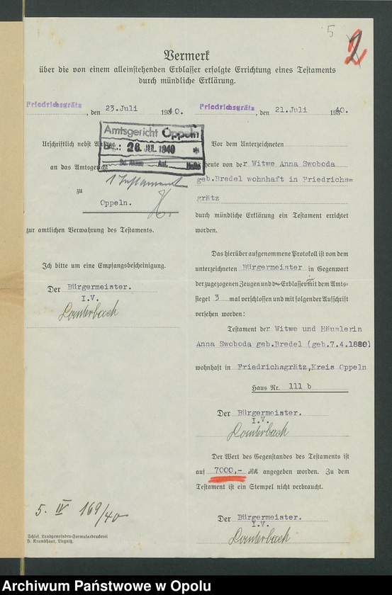 Obraz 9 z jednostki "Verfügung von Todes wegen der Anna Swoboda geb[oren] Bredel aus Friedrichsgrätz gestorben am 28.07.1940 zuletzt wohnhaft in Friedrichsgrätz."