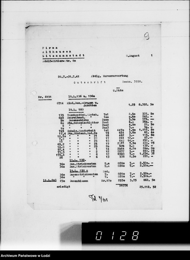 Obraz 13 z jednostki "Ausgehende Rechnungen [za dostawy towarów dla Getta]"
