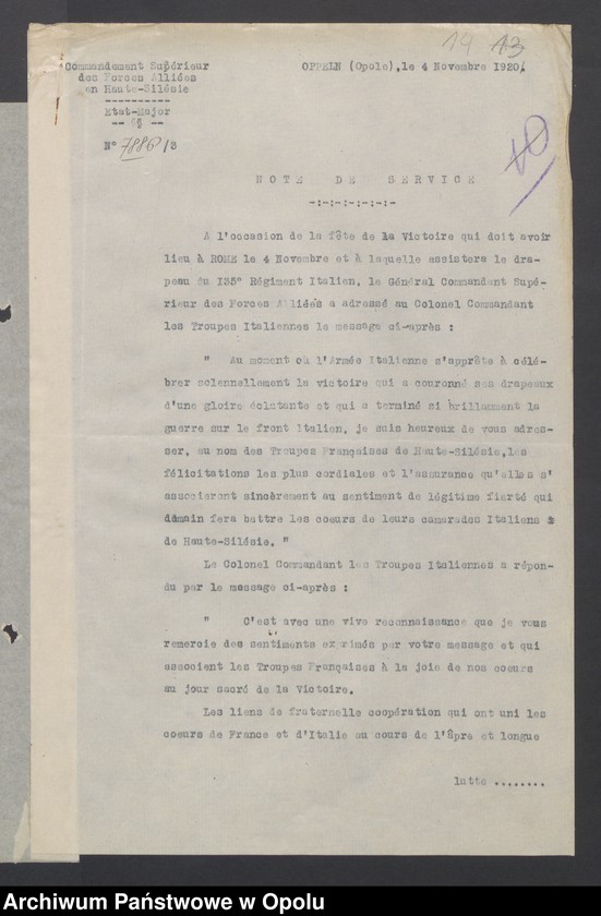 Obraz 16 z jednostki "Sorties /Korespondencja własna wychodząca, pisma, zarządzenia, potwierdzenia telefoniczne, instrukcje, sprawozdania/ 1.11.1920-31.01.1921"