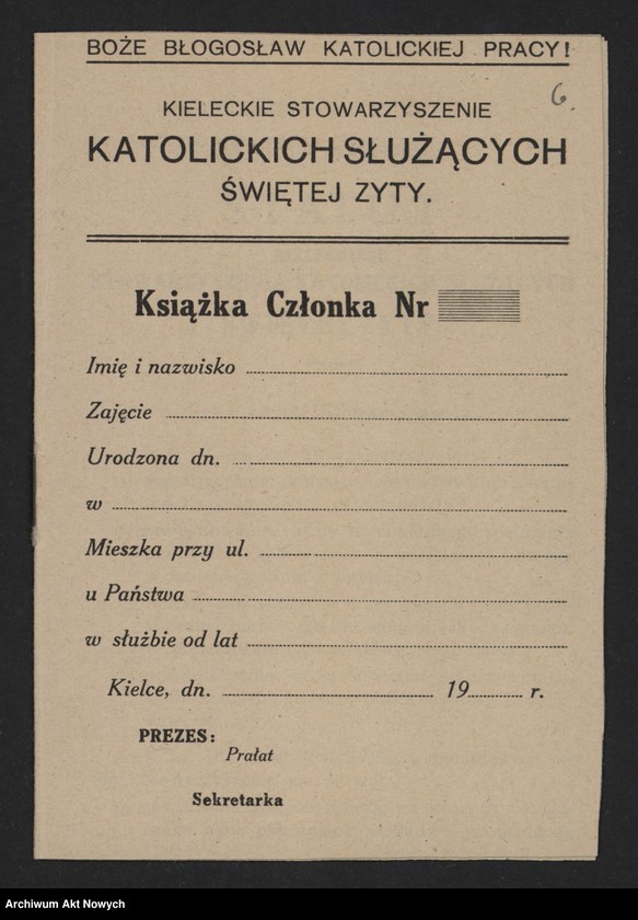 Obraz 8 z jednostki "Obuchowicz Br. (ks., prałat Katedry Kieleckiej, prezes Stowarzyszenia Katolickich Służących św. Zyty); Załączniki: a) Książka Członka i Statut Stowarzyszenia (druk); b) 1 fotografia; L.7"