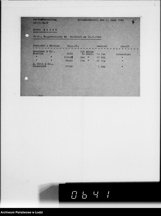 Obraz 12 z jednostki "Koresp.Radegast.[Dotyczy transportu starego obuwia oraz spodów do drewniaków]"