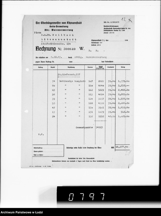 Obraz 16 z jednostki "F-ma St.Weilbach Litzmannstadt V Warenverwertung an den Juden Ältesten. Kinder-Kleider, Teppiche, Brücken"