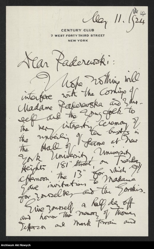 image.from.unit.number "Johnson Robert Underwood; Załączniki: a) "American Academy of Arts and Letters" (broszura); b) mowa R. U. Johnsona (maszynopis); c) wiersz "Woodrow Wilson"; d) wycinek prasowy; L.31 (odpowiedzi - rękopisy)"