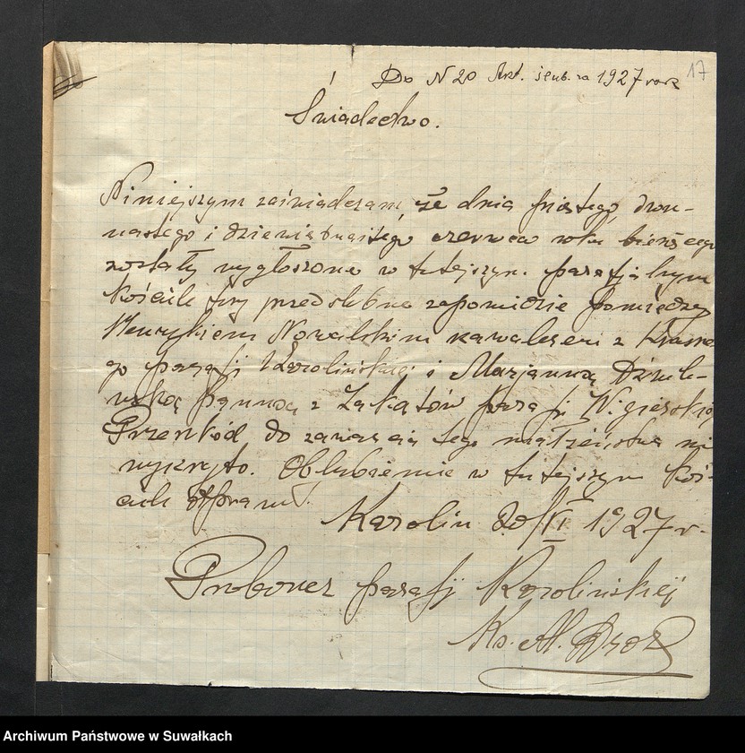 Obraz 19 z jednostki "Aneksa Aktów Ślubnych Rz-Katolickiej par. Wigierskiej za 1927 rok"