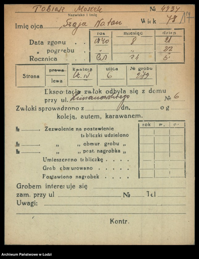Obraz 18 z jednostki "Kartoteka osób pochowanych na cmentarzu żydowskim przy ulicy Brackiej w latach 1892-1957. Nazwiska na litery: To-Ty"