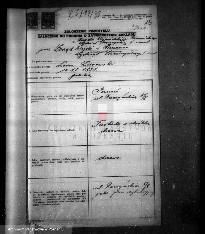image.from.unit.number "Zatwierdzenie zakładu przemysłowego /tartaku i obróbki drzewa/ Własność L. Żeromskiego w Poznaniu"