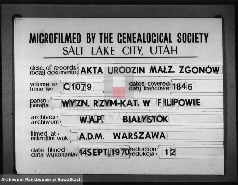 Obraz 1 z jednostki "Akta Urodzonych, Zmarłych i Zaślubionych na rok 1846-ty z Parafii Filipowskiey"