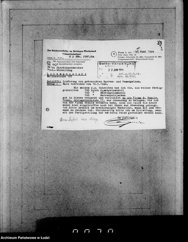 Obraz 6 z jednostki "Oberbürgermeister Litzmannstadt [Korespondencja i zamówienia na dostawę futer i materiałów]"