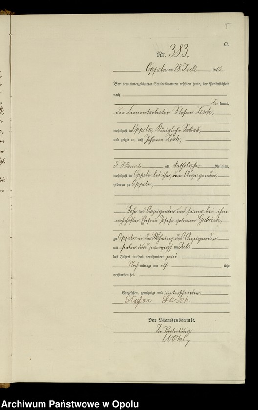 Obraz 8 z jednostki "Urząd Stanu Cywilnego w Opolu 1902 Rejestr zgonów Księga Miejscowa Nr 378 do 633"