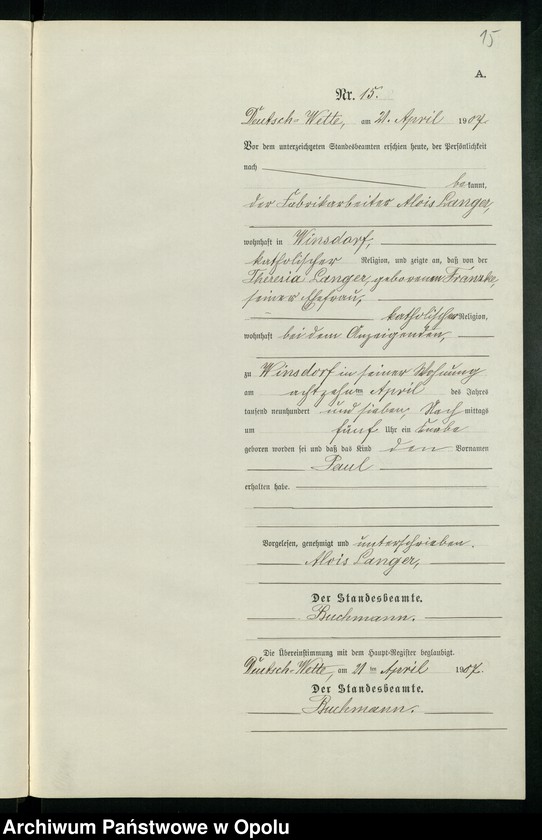 Obraz 19 z jednostki "Geburts-Neben-Register des Standesamts Deutsch Wette pro 1907"
