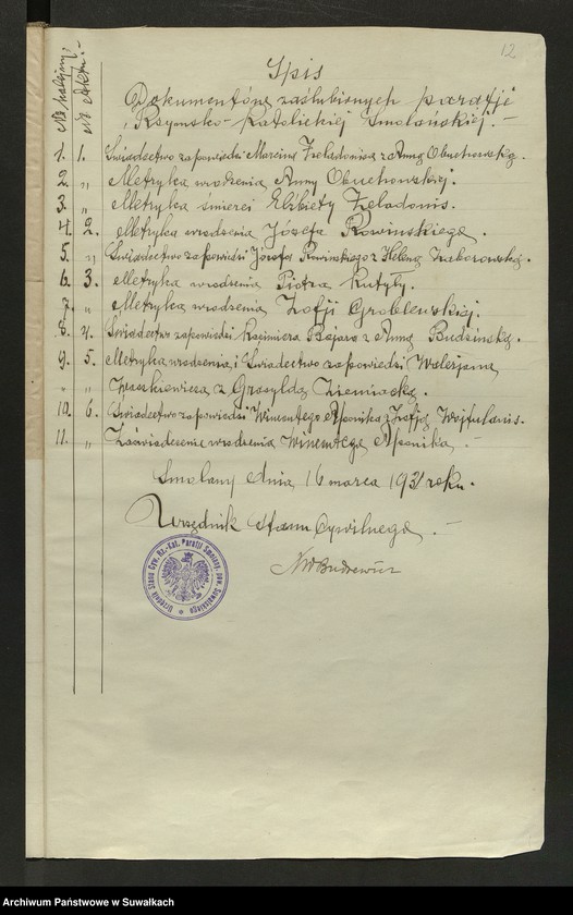 image.from.unit.number "Dokumenty Zaślubionych parafji Rzymsko-Katolickije Smolańskiej za 1930 rok"