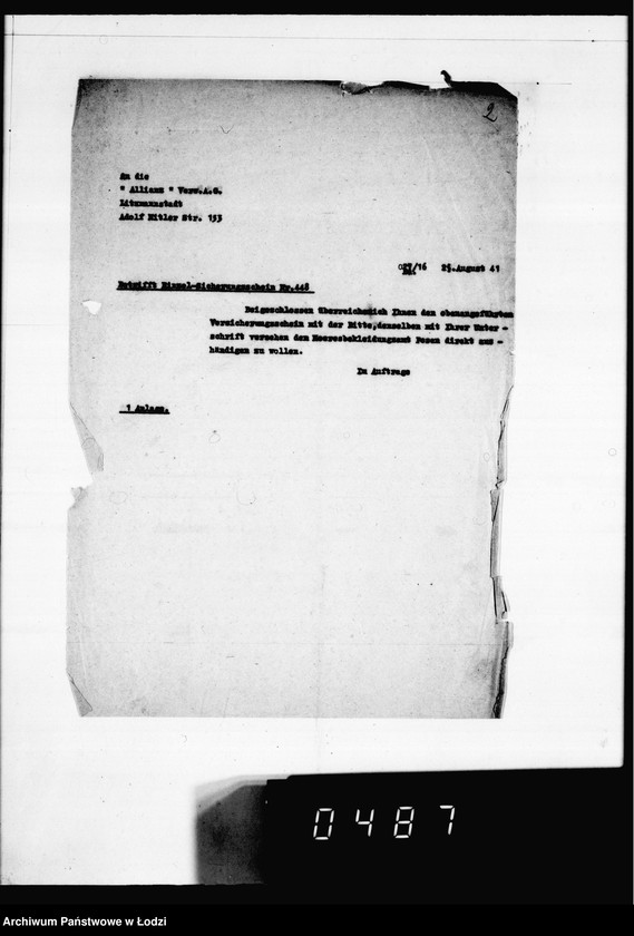 Obraz 6 z jednostki "Versicherungsakten Gesel[l]schaft [Korespondencja i polisy ubezpieczeniowe budynków i magazynów z żywnością, odzieżą, surowcami do produkcji w Getcie Łódzkim]"